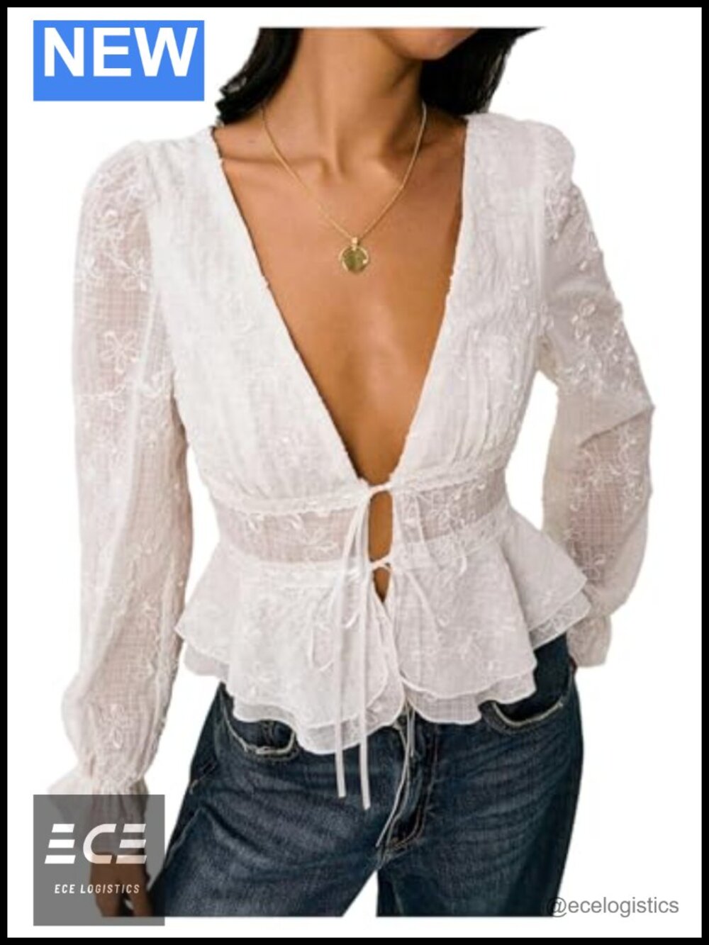 Women's Floral Embroidery Blouse Deep V Neck Ruffle Hem Long Sleeve Peplum Top